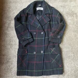 Vintage Steilmann Womens Plaid Navy Wool Pea Coat Size 6 German Double Breasted